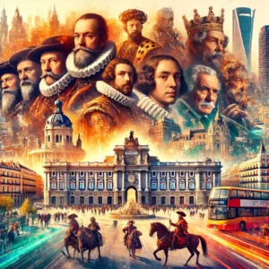 Dall·e 2024 08 24 13.24.07 a vibrant and historical image depicting madrid's evolution from a renaissance era city to a modern metropolis. the image should include iconic landma