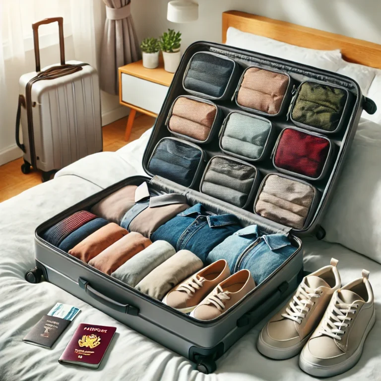 Dall·e 2024 08 29 17.44.48 A Neatly Organized Suitcase With Packing Cubes In Various Colors, Showing Clothes, Shoes, And Accessories Well Arranged Inside. The Suitcase Is Half O
