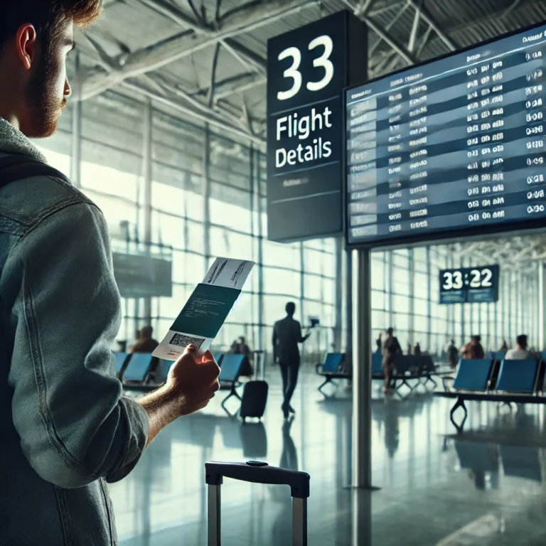 Dall·e 2024 08 29 18.02.04 A Traveler Checking A Flight Information Screen In A Modern Airport Terminal. The Scene Shows A Clear View Of The Screen With Flight Details, The Trav
