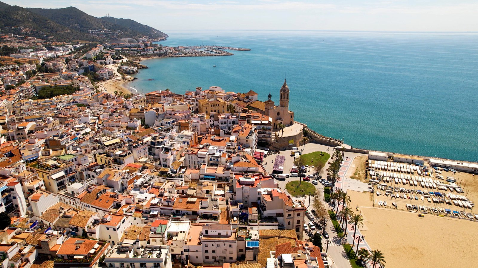 Aerial View Of Sitges Coastal Village And Iglesia 2023 11 27 05 06 53 Utc