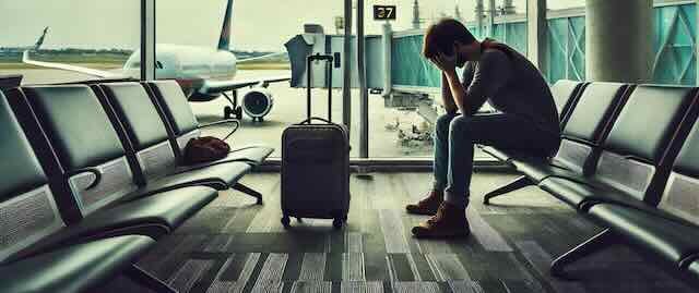 Dall·e 2024 10 23 12.32.11 A Scene Showing A Frustrated Traveler Sitting At An Empty Airport Gate, Holding Their Head In Their Hands In Disappointment. Their Luggage Is Next To
